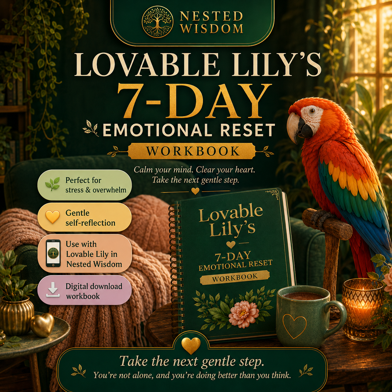 Promotional image of 'Lovable Lily's 7-Day Emotional Reset Workbook' with a parrot and cozy setting.