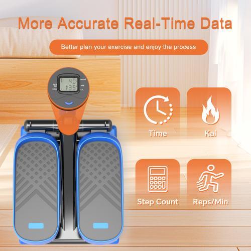 Step machine with digital display on a wooden floor, featuring real-time data indicators.