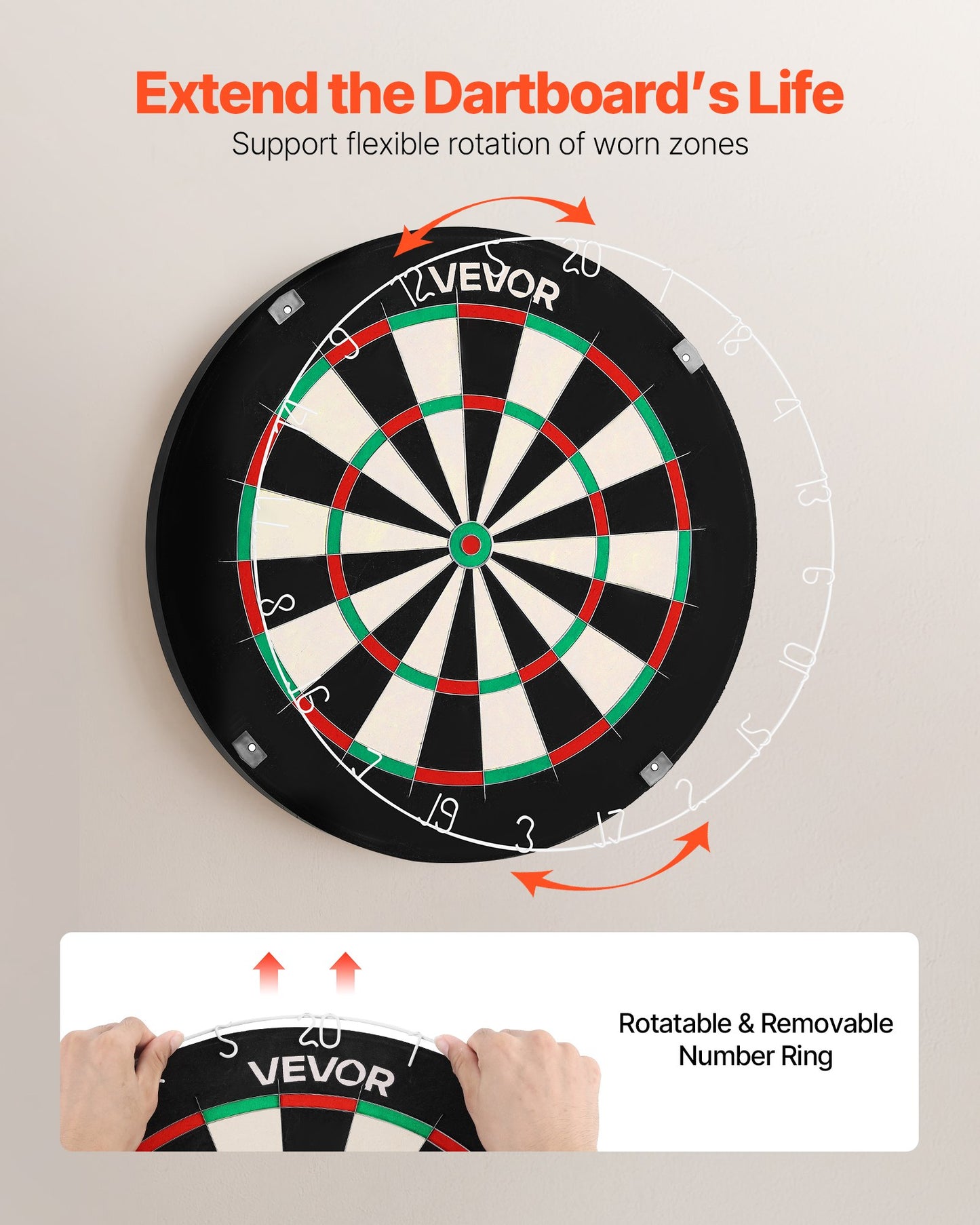 Vevor dartboard with rotatable and removable number ring on a beige background from Nested Wisdom