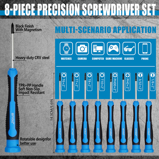 8-piece precision screwdriver set with detailed features on a gray background