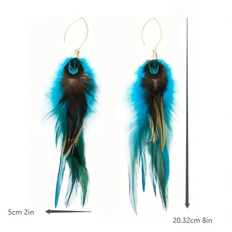 Feather earrings with measurements on a white background
