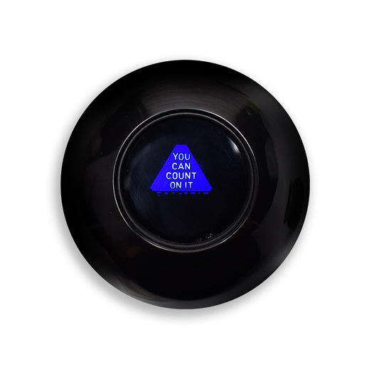 Black button with blue LED display on a white background