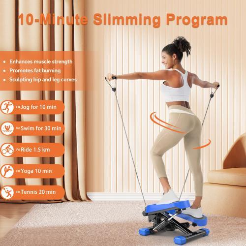 Woman using a stepper with a '10-Minute Slimming Program' text overlay in an indoor setting.