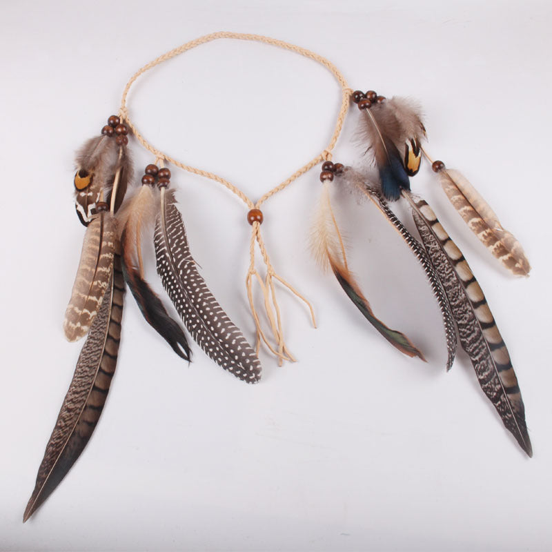 Feathered necklace with beads on a white background