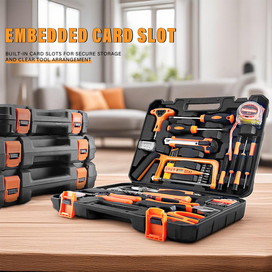 Tool set with embedded card slots on a wooden surface, with a living room background.