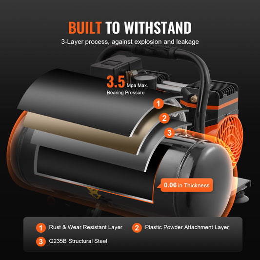 Air compressor with sectional view and material details on a black background