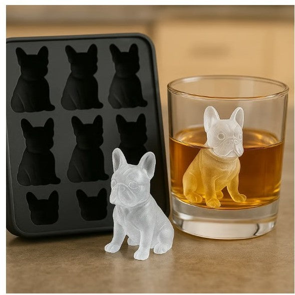 Frenchie ice cube mold with a glass of whiskey featuring a shaped ice cube.