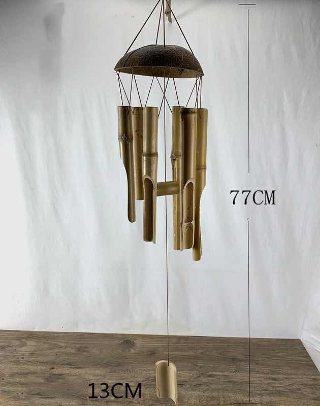Bamboo wind chime with dimensions on a white background
