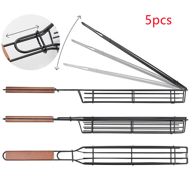 Set of five metal skewers with wooden handles on a white background