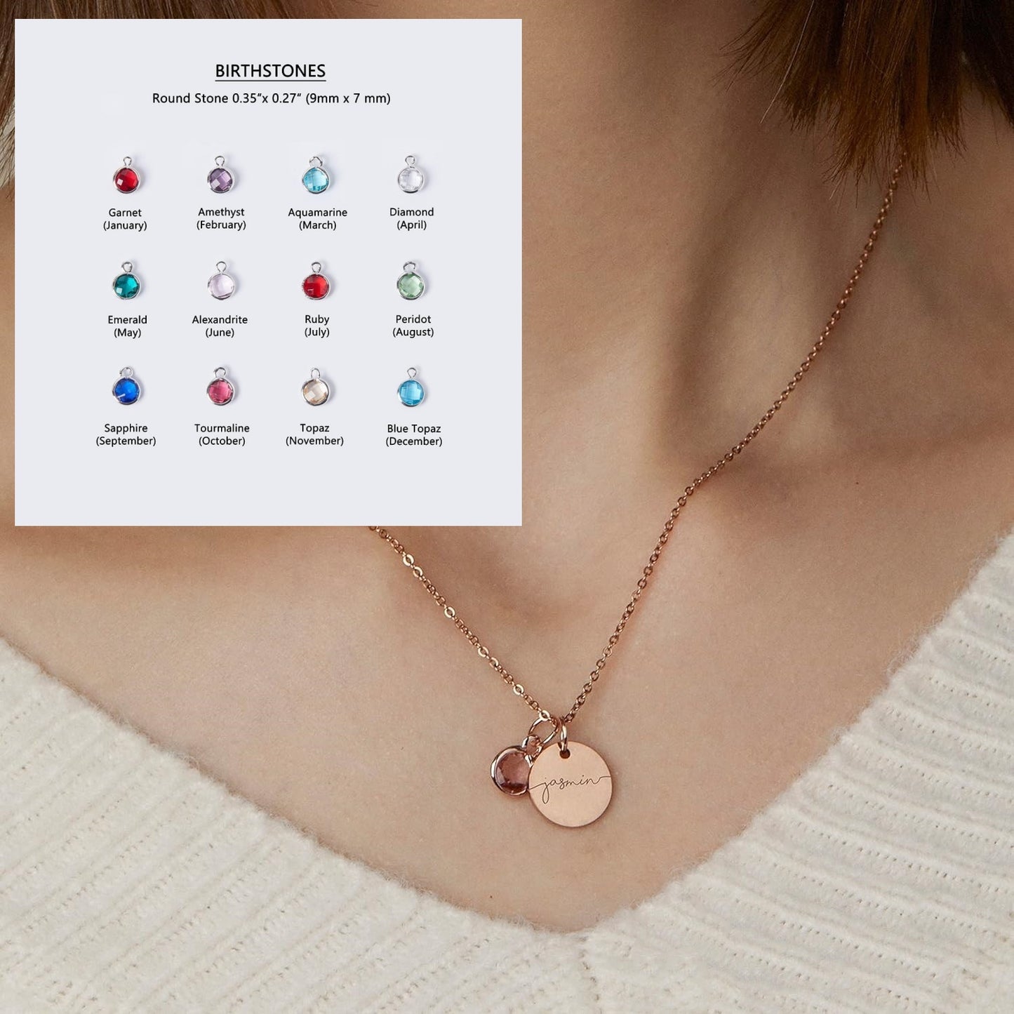 Necklace with birthstone charms displayed on a person wearing a white sweater, with a chart of birthstones in the background.