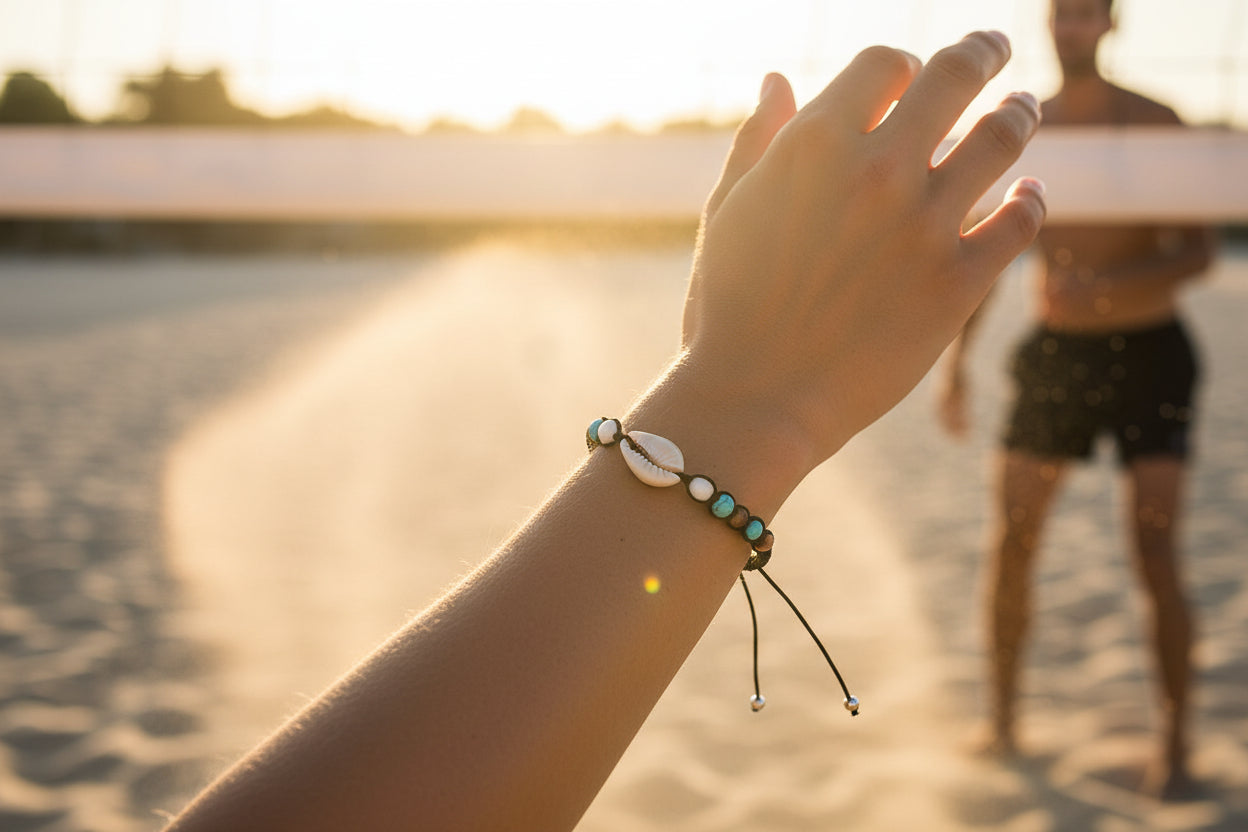 Bracelet with beads and a shell on a white background
