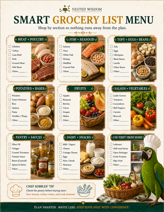 Smart Grocery List Menu with sections for meat, poultry, fish, seafood, etc., featuring images of food items.