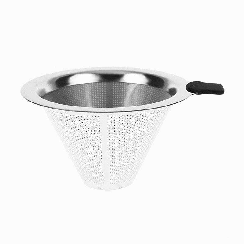 Stainless steel strainer with a black handle on a white background