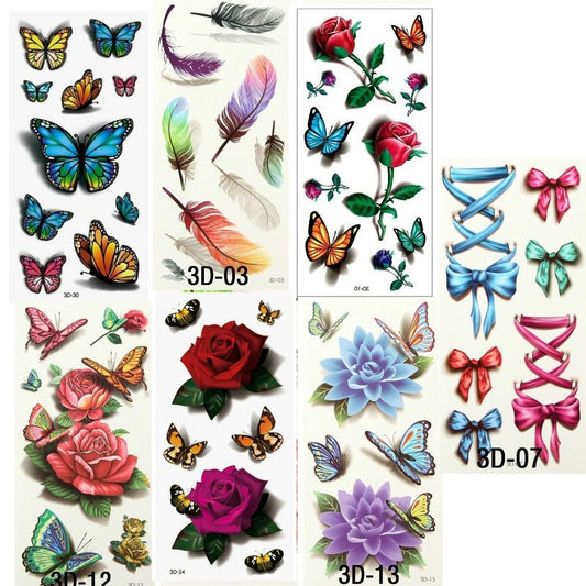 Collection of temporary tattoos with butterflies, flowers, and bows on a white background.