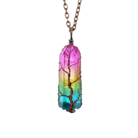 Multicolored crystal pendant necklace on a white background