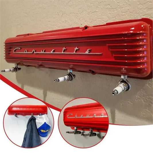 “Side view of red garage wall rack with spark-plug details”