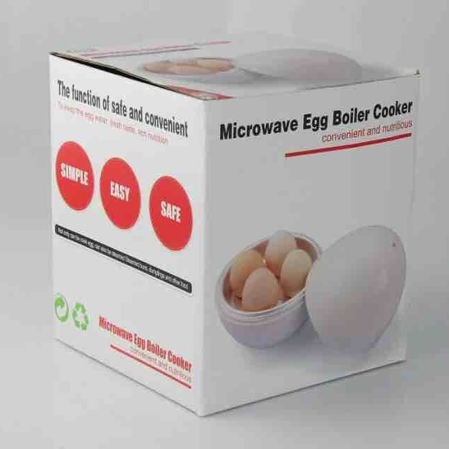 Box of a microwave egg boiler cooker with text and images on a gray background