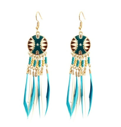 Pair of earrings with teal and gold design on a white background