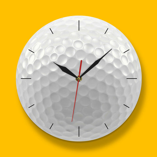 Golf ball-themed clock on a yellow background