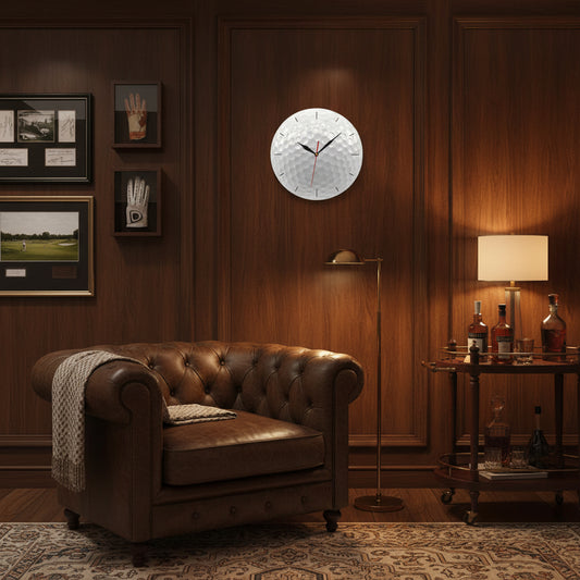 Golf ball-themed clock on a yellow background