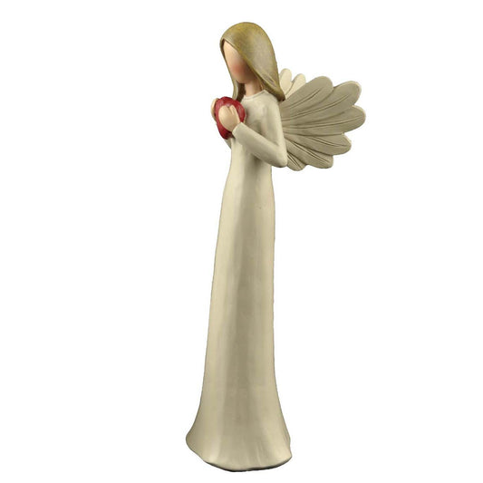 Statue of an angel holding a red heart on a white background