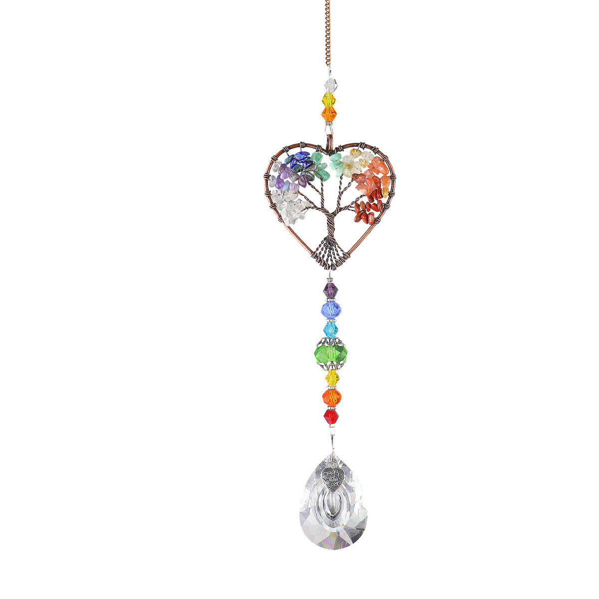 Decorative hanging ornament with heart-shaped design and colorful beads on a white background