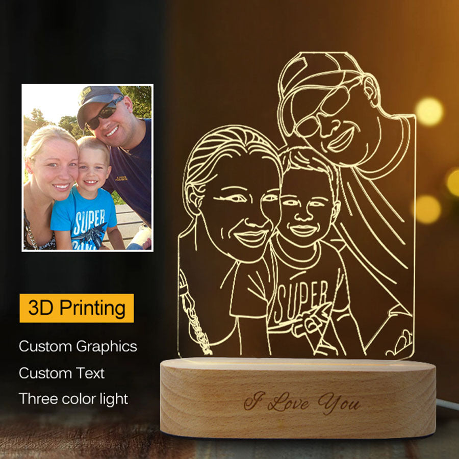 LED lamp with 3D printed family design and 'I Love You' engraving, next to a photo of a family.