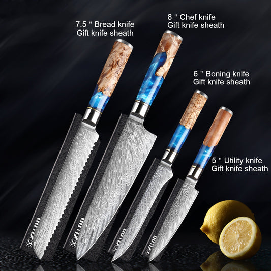Set of knives with sheaths on a dark background, featuring lemon slices.