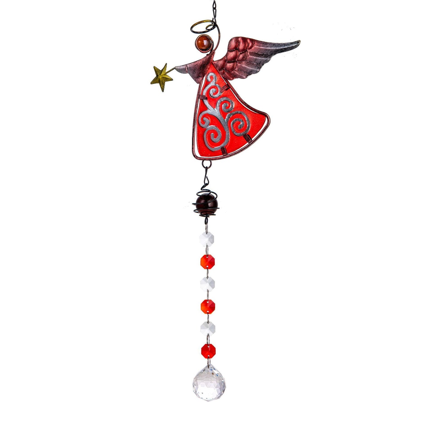 Decorative angel wind chime with red body and white background
