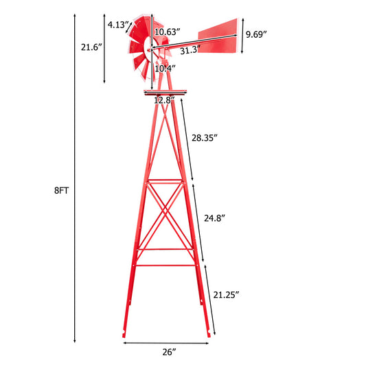 Red windmill with measurements on a white background