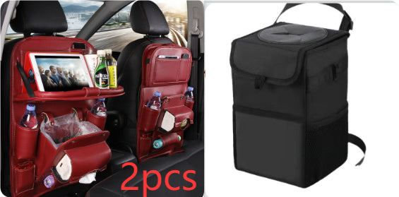 Car seat organizer with tablet holder and drink holders, and a black insulated lunch bag.