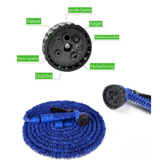 Blue expandable garden hose with black spray nozzle on a white background