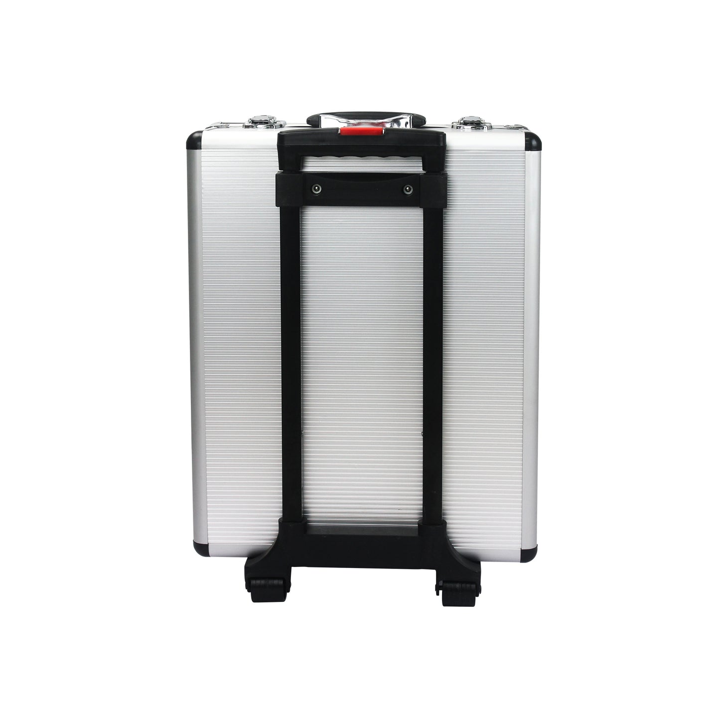 Silver suitcase with black straps on a white background