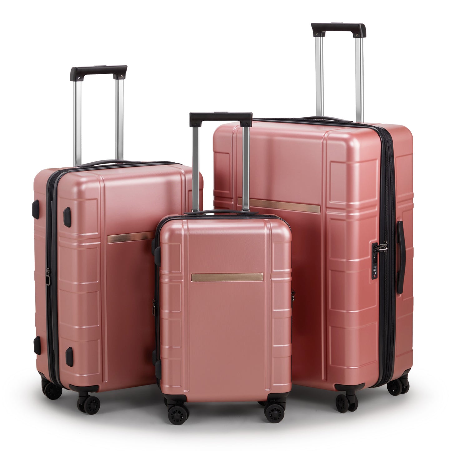 Set of three rose gold suitcases with black handles and wheels on a white background
