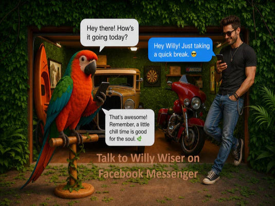 Man with a parrot and motorcycle in a forest setting, with text bubbles indicating a conversation.