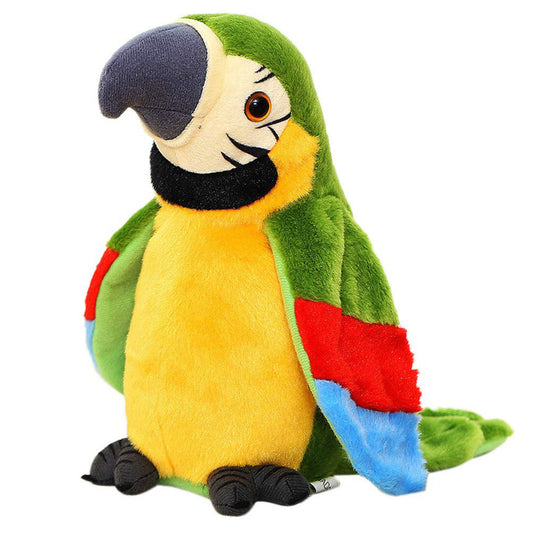 Colorful plush parrot toy on a white background