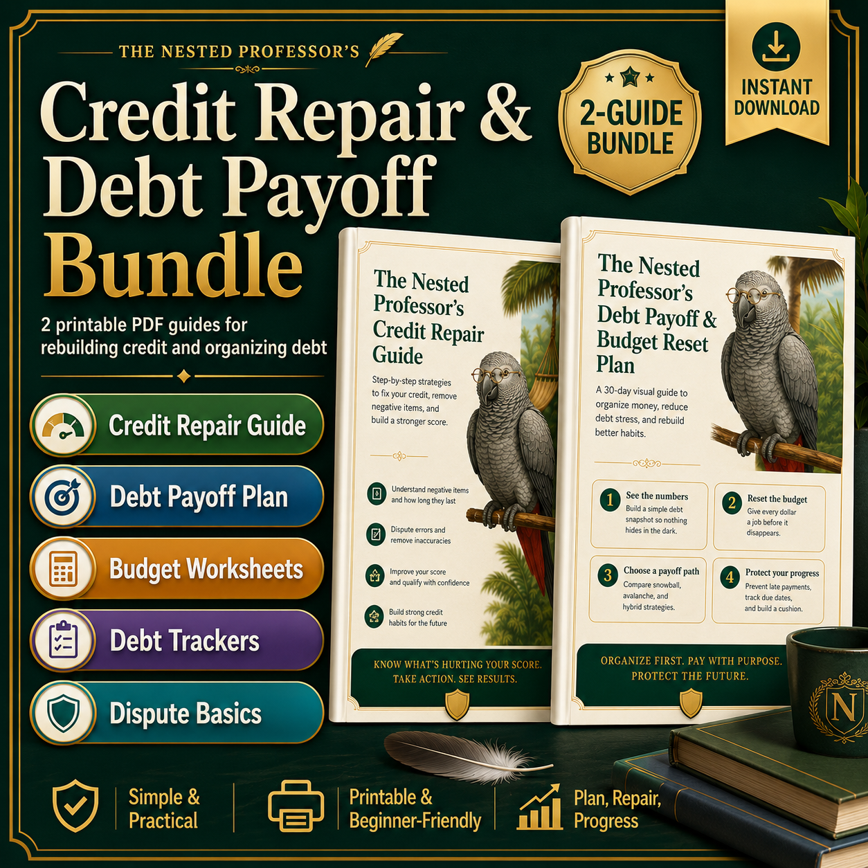 Promotional graphic for 'The Nested Professor's Credit Repair & Debt Payoff Bundle' with book and parrot illustration.