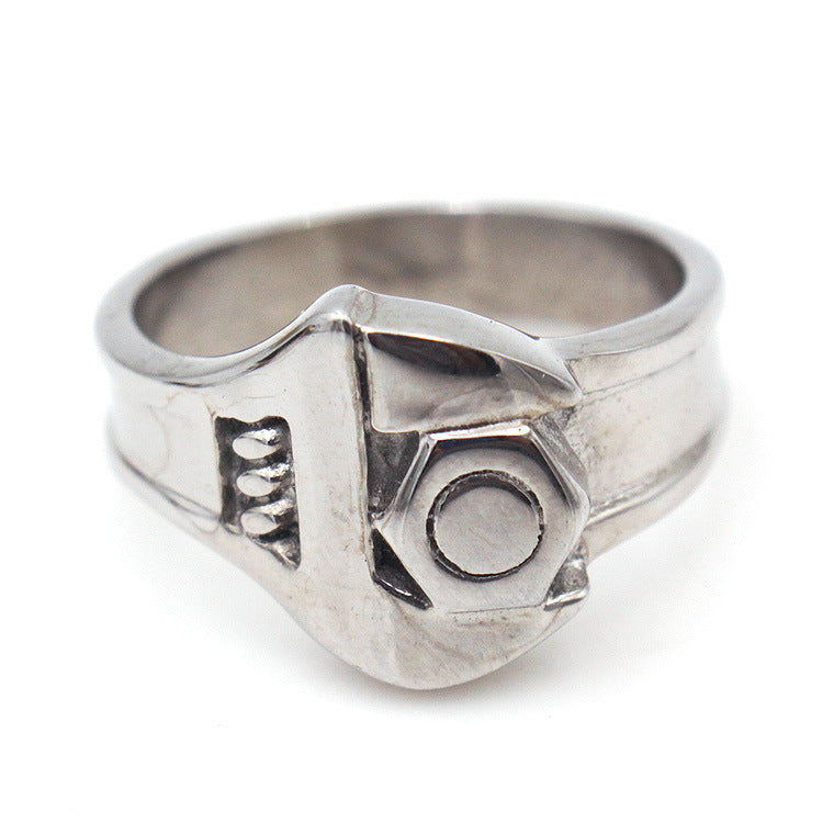 Silver ring with a unique design on a white background