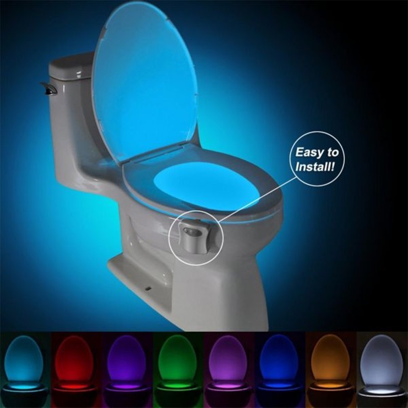Toilet with glowing blue light on seat and cover, showing color options below.