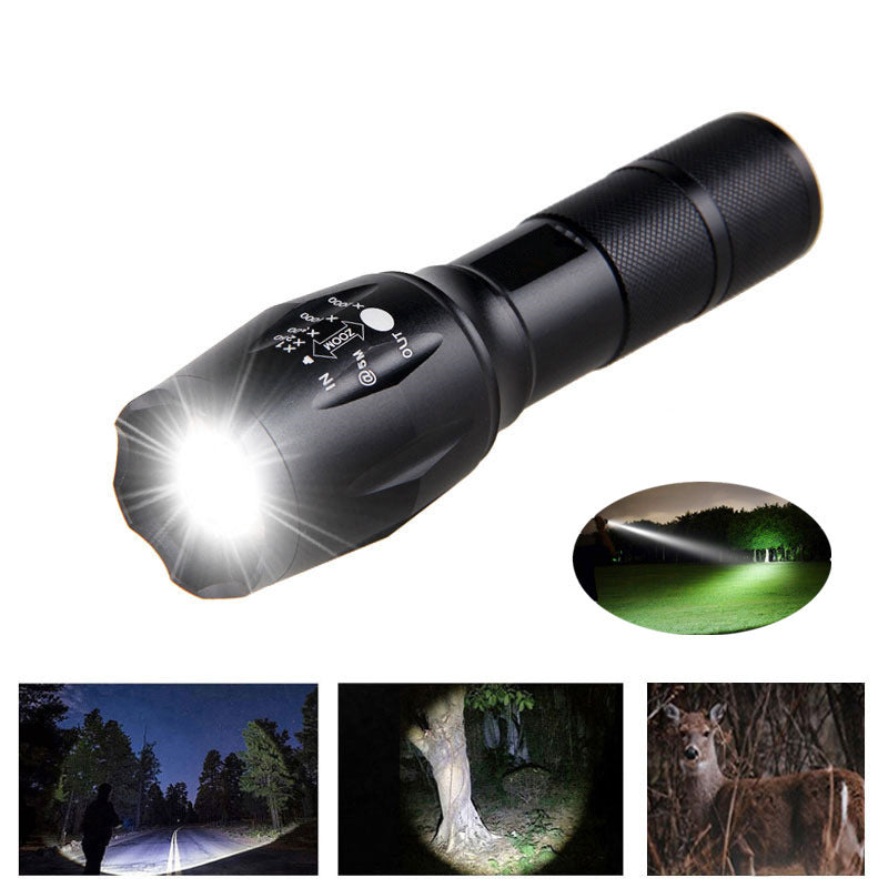 Black flashlight with light output demonstration on a white background