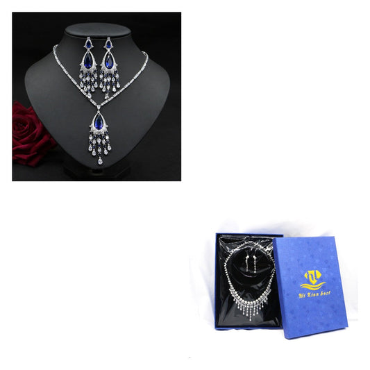 Vintage Blue Zircon-Style Bridal Necklace & Earrings Set with gift box