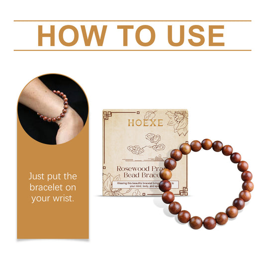 Wooden beaded bracelet with packaging and text on how to use it