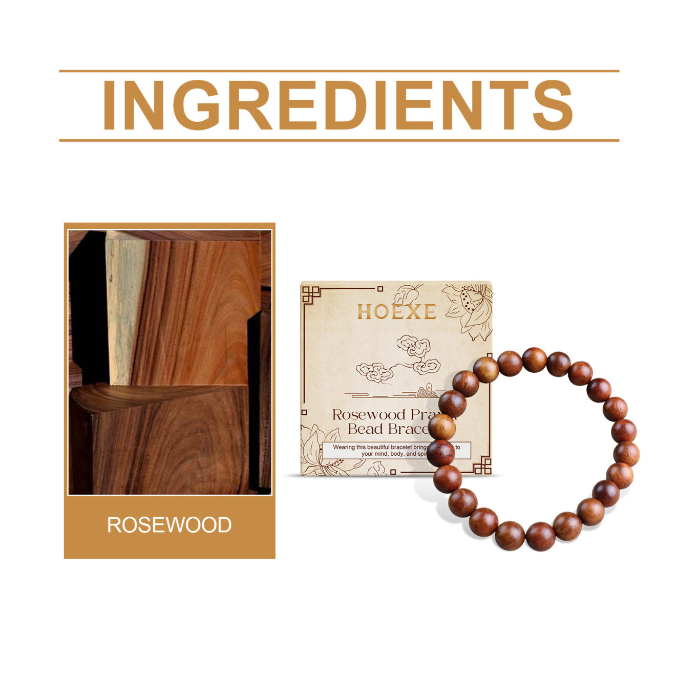 Rosewood bracelet with packaging and 'HOEKE' branding on a white background