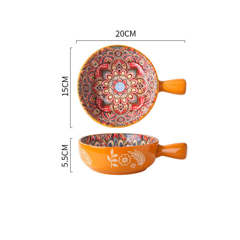 Decorative ceramic bowl with mandala design and measurements on a white background. From Nested Wisdom