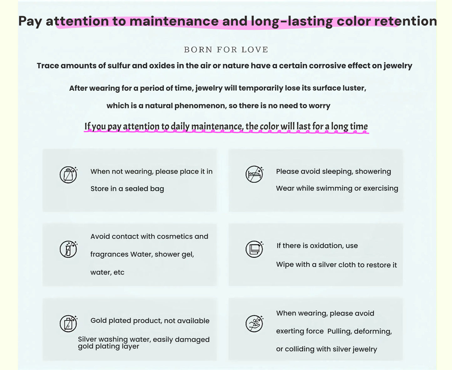 Instructions for maintaining jewelry with a focus on color retention and care tips.