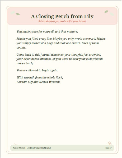 Journal entry from 'A Closing Perch from Lily' with a message of self-acceptance and reflection.