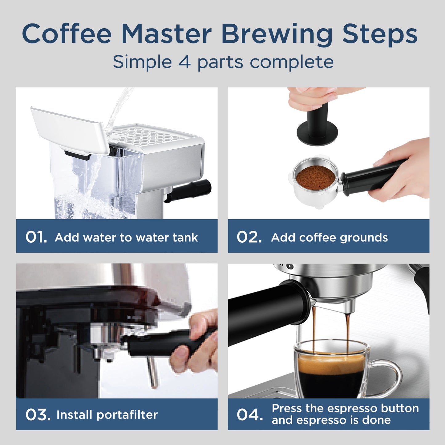 Step-by-step guide to brewing coffee using a coffee machine.