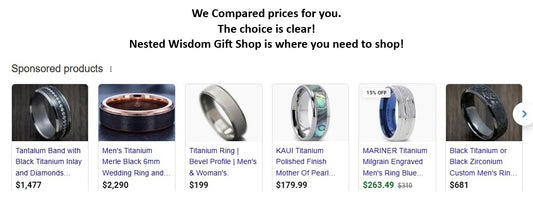 Product listings for titanium rings with brand names and prices on a webpage.