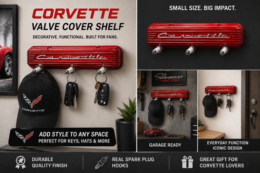 Red Corvette-branded valve cover shelf organizer shown in multiple home and garage settings, holding a black Corvette-branded cap and keys. The collage includes text such as 'Corvette Valve Cover Shelf,' 'Small Size.