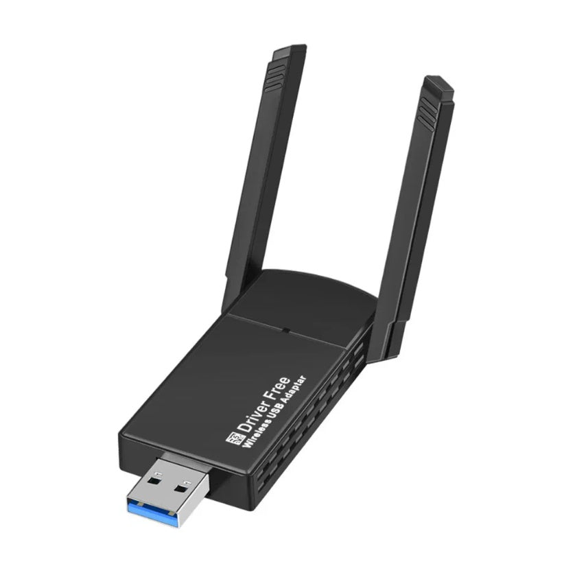 Black USB WiFi adapter with antennas on a white background
